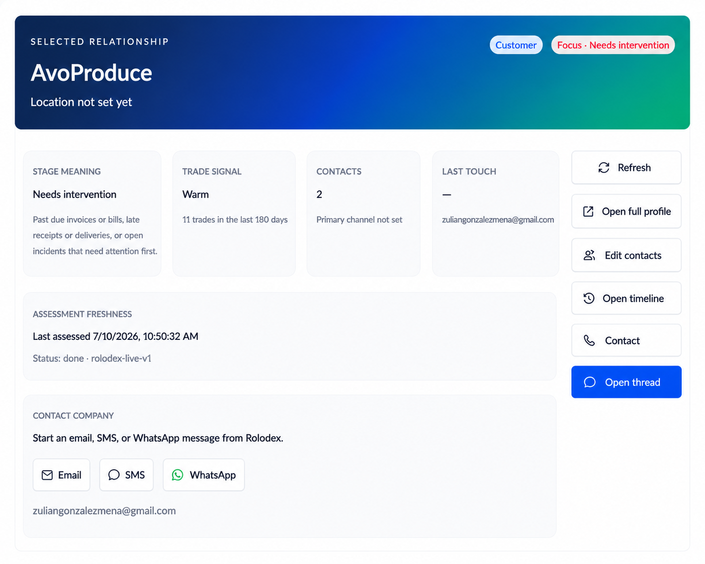 Rolodex relationship profile in Produce OS