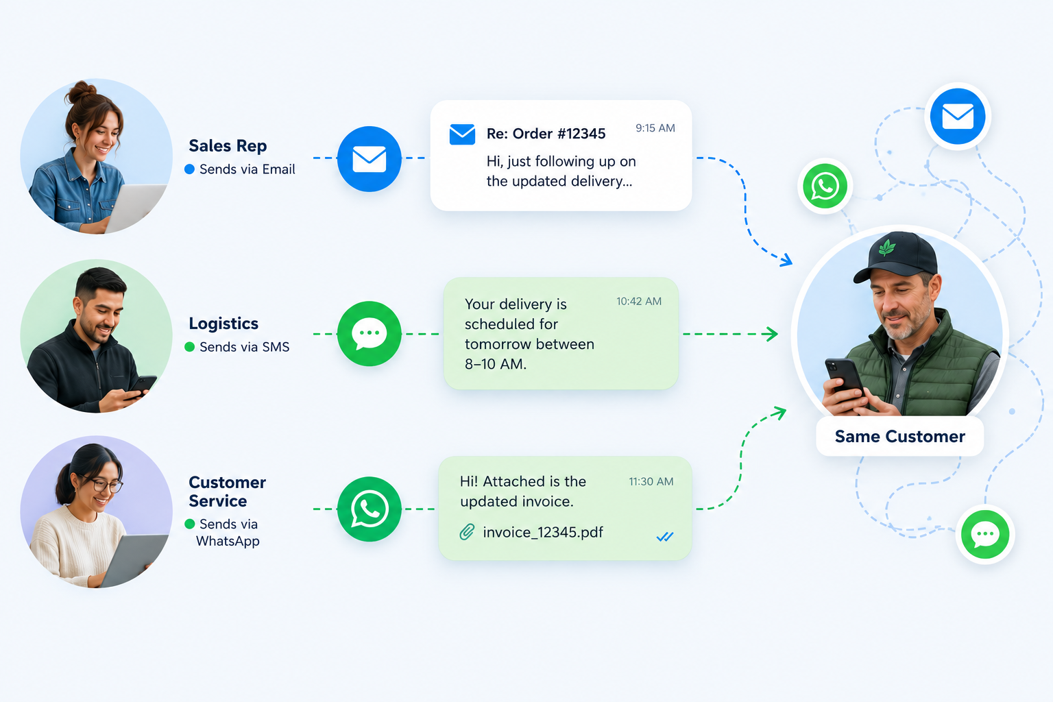 Multiple produce communication channels connected to the same customer
