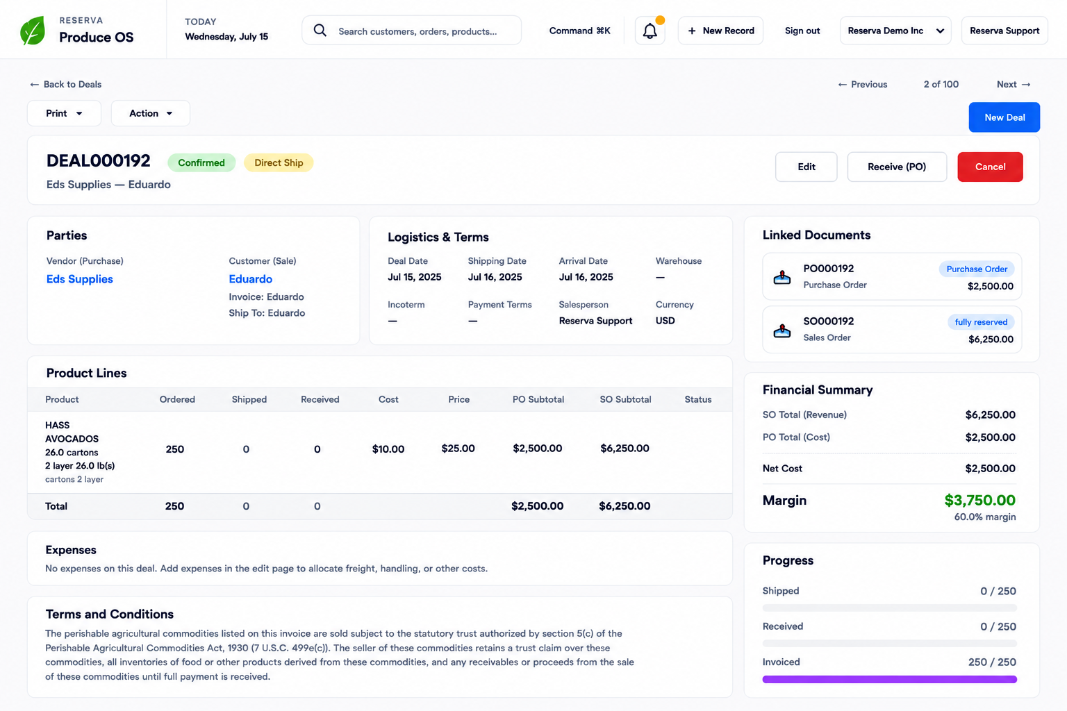 Produce OS deal record workspace showing linked documents, product lines, financial summary, and progress